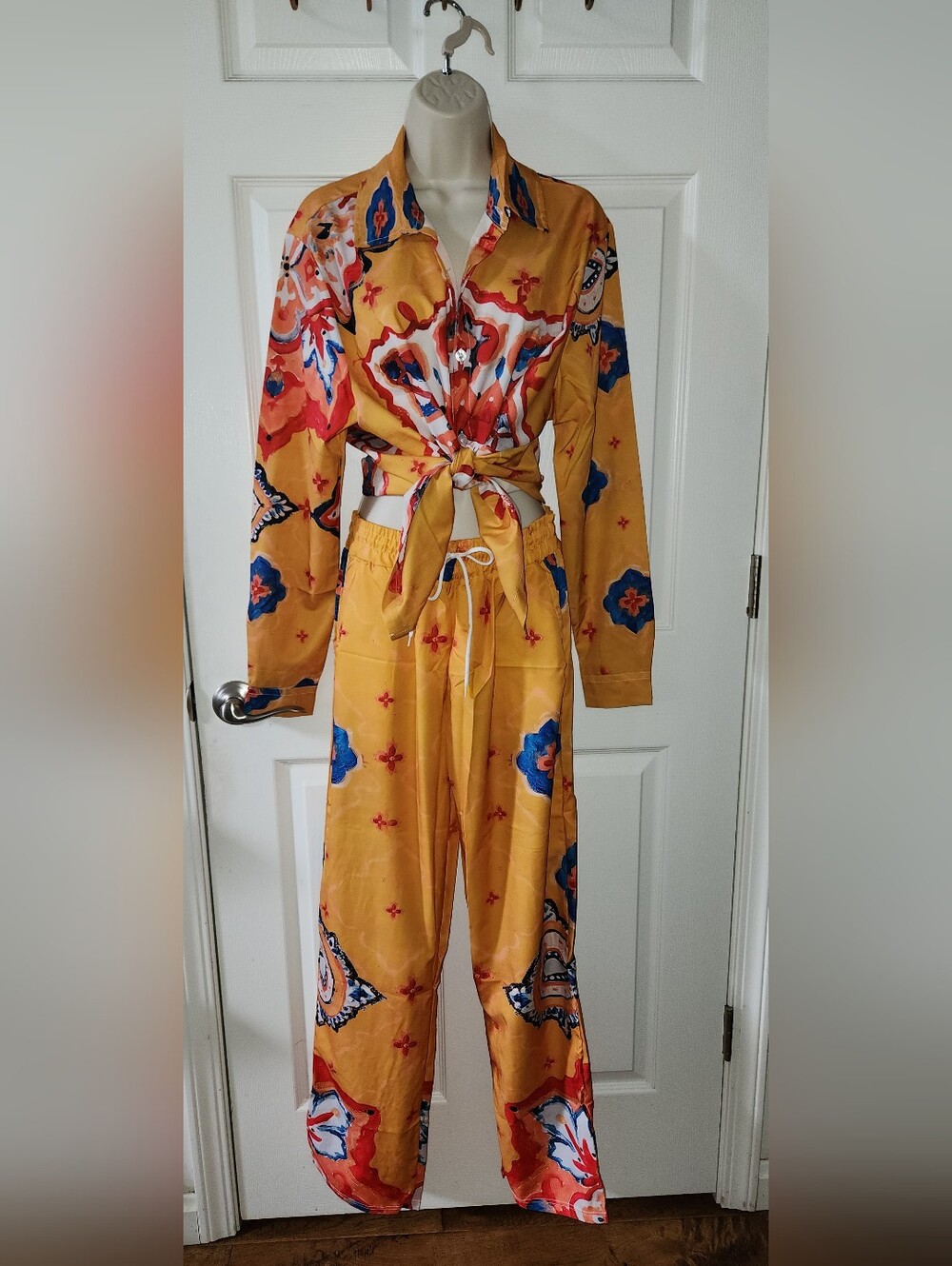 Women's Mustard Floral Medallion Pajama Set with Blue Accents